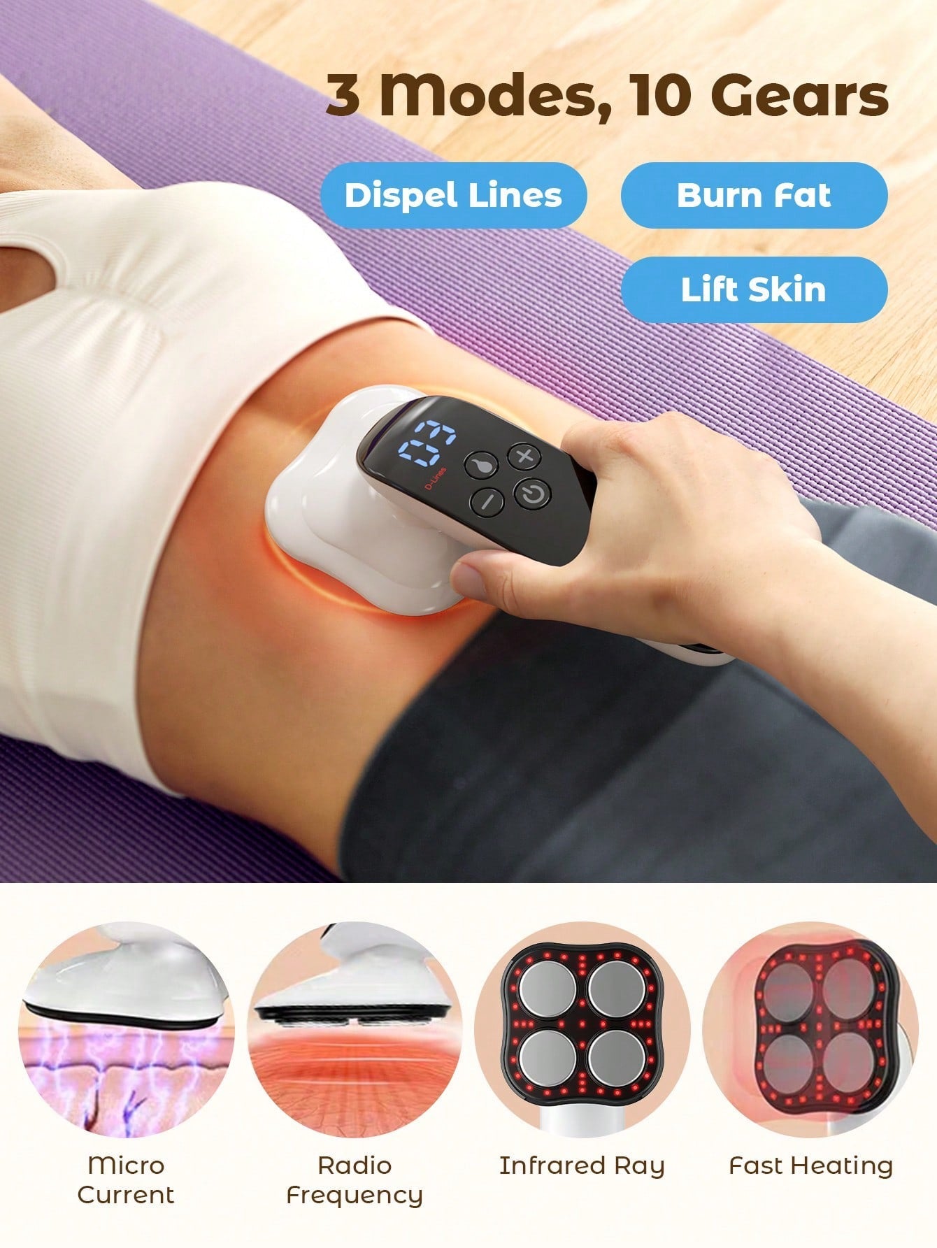 Teckwe Fat Reduction Massager | 3 Modes, 10 Gears | Dispel Lines, Burn Fat & Lift Skin | Micro Current, Radio Frequency, Infrared Ray & Fast Heating | White / Pink / Blue
