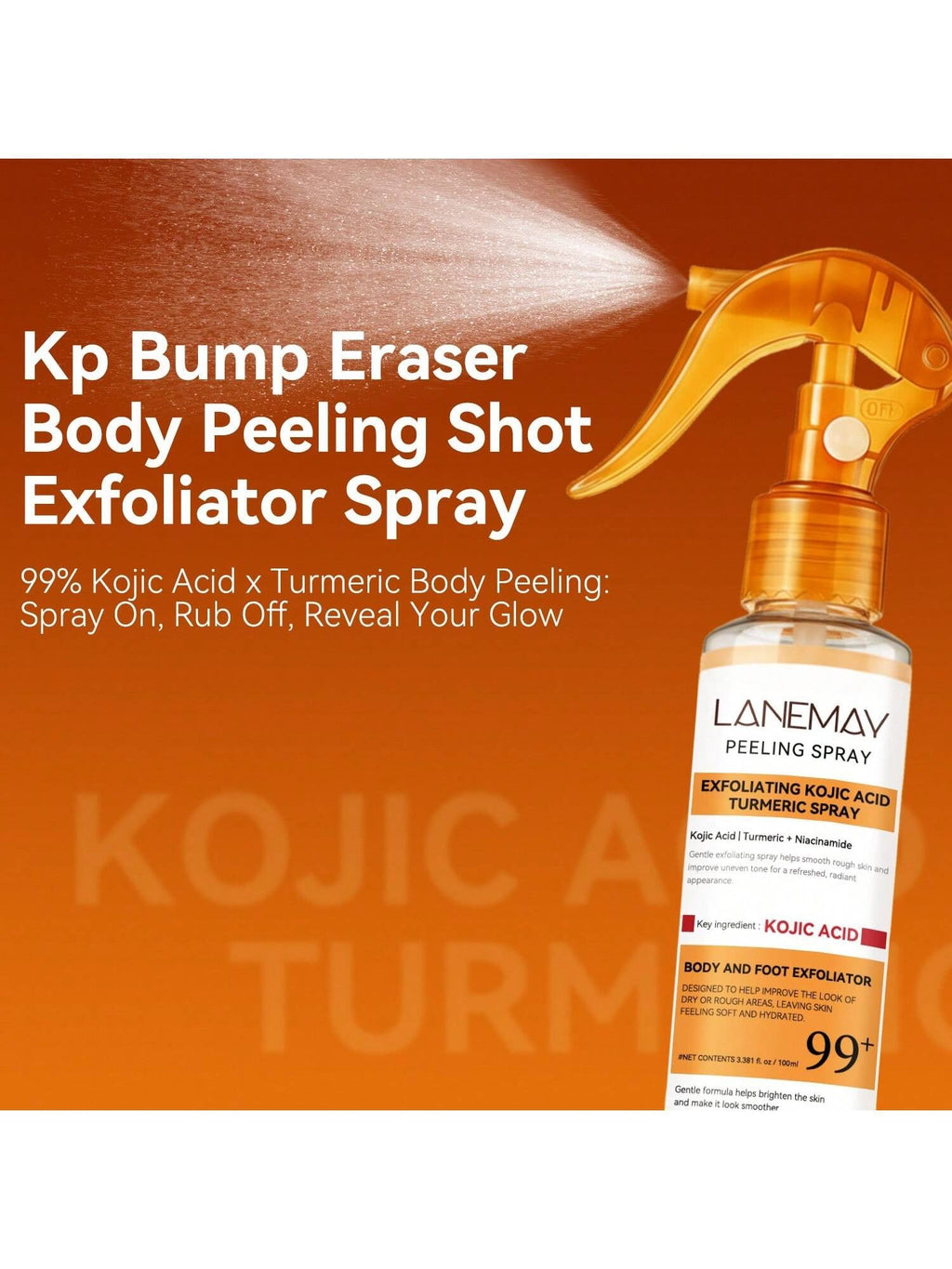 Lanemay Exfoliating Kojic Acid Turmeric Peeling Spray | KP Bump Eraser Body & Foot Exfoliator | 100ml / 3.381 fl oz