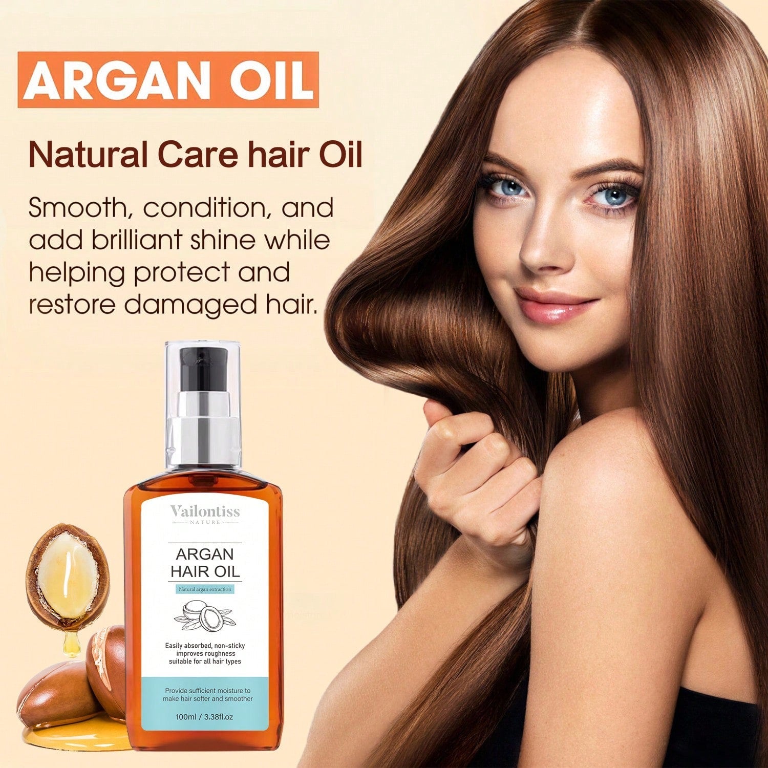 Vailontiss Nature Argan Hair Oil — Natural Argan Extraction | 100ml / 3.38 fl oz