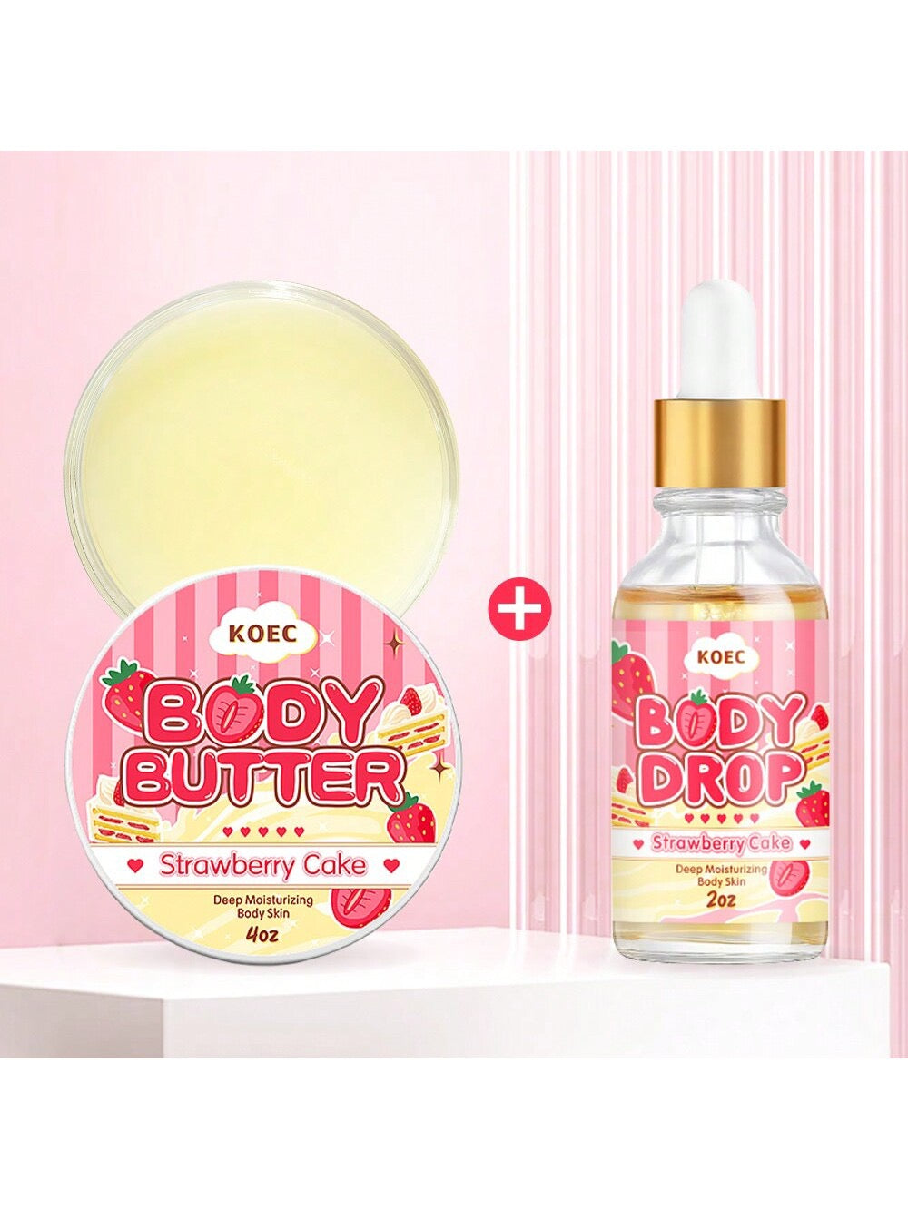KOEC Strawberry Cake Body Drop & Body Butter Set | Deep Moisturising Body Skin | 2oz Body Drop / 4oz Body Butter