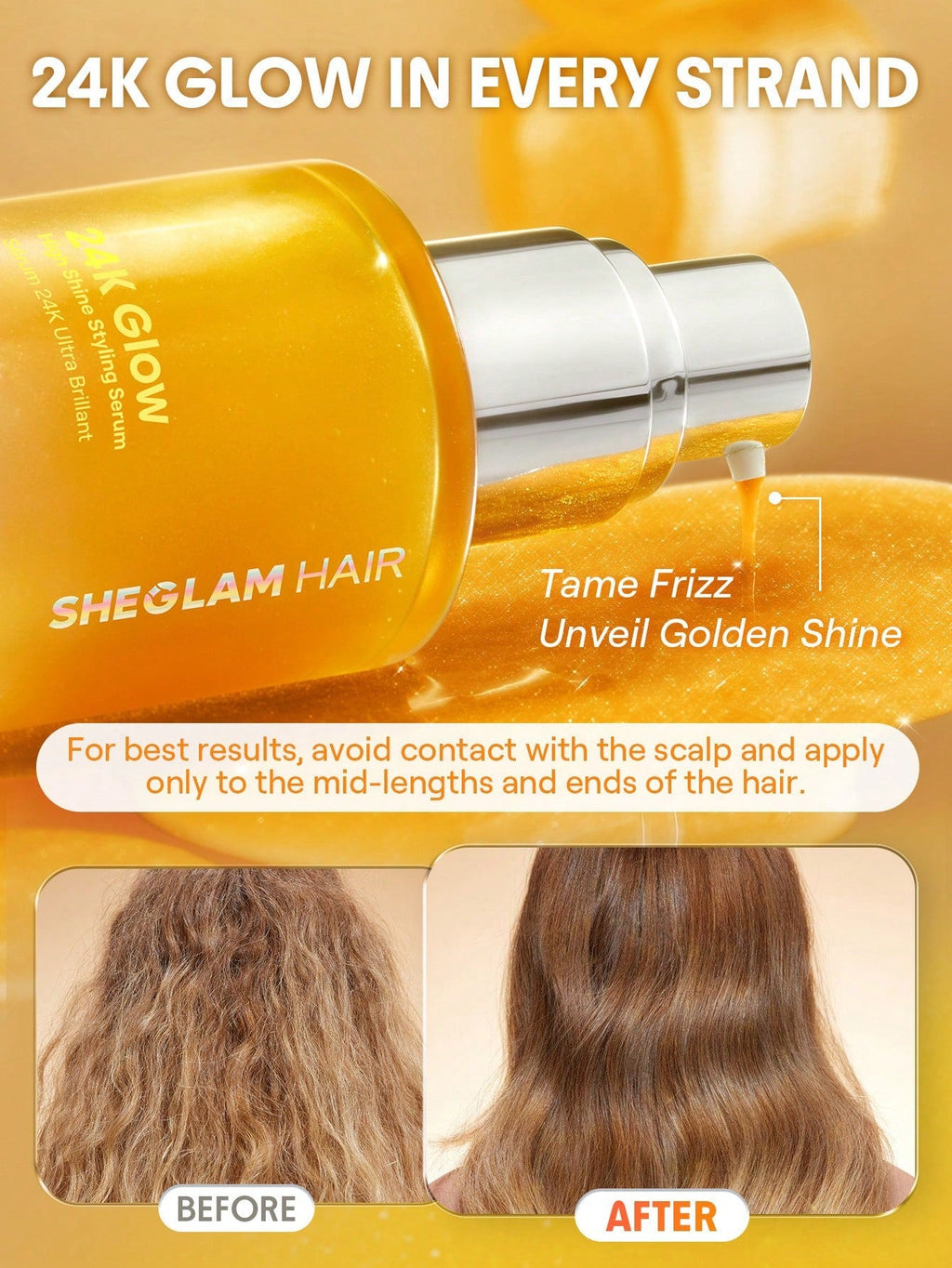 SHEGLAM 24K Glow High Shine Styling Serum — 10-in-1 Hair Serum | Almond Oil & Macadamia Oil