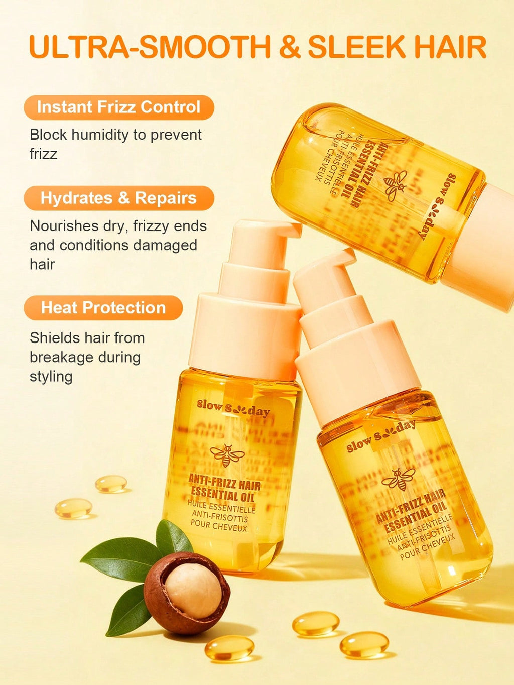 Slow 8 Day Anti-Frizz Hair Essential Oil — Argan, Camellia & Macadamia Oil | Huile Essentielle Anti-Frisottis