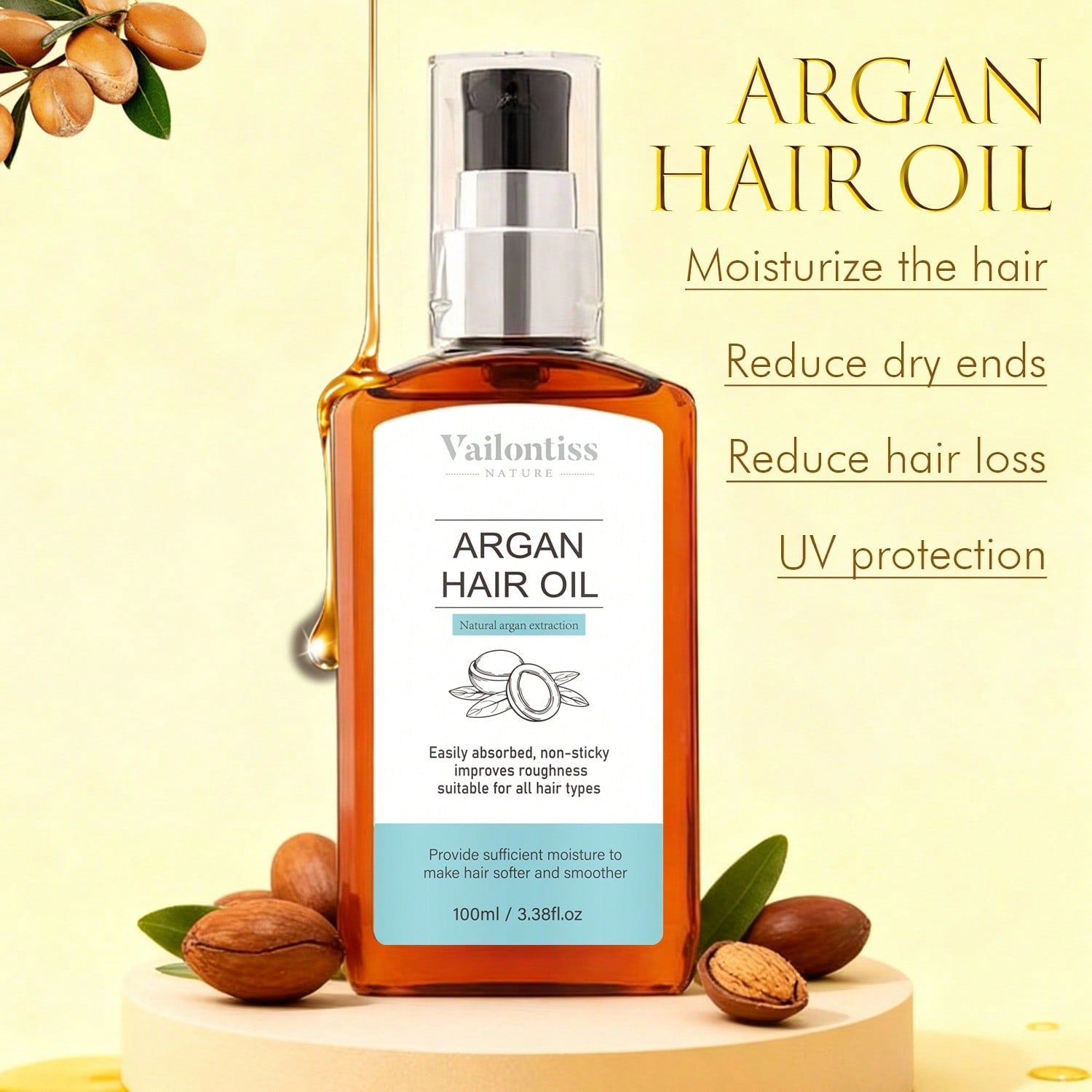 Vailontiss Nature Argan Hair Oil — Natural Argan Extraction | 100ml / 3.38 fl oz