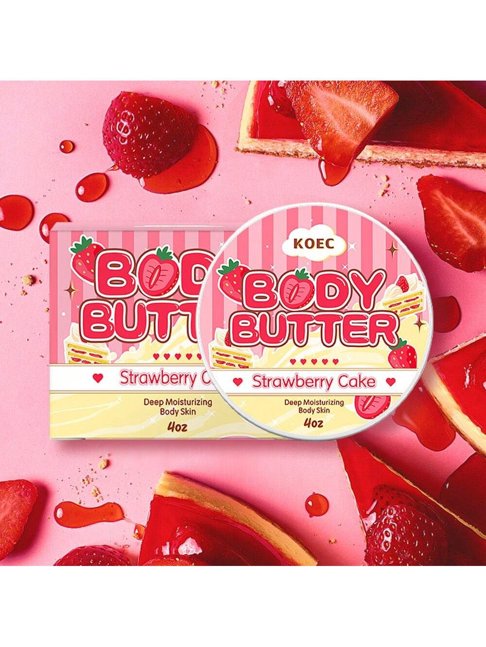 KOEC Strawberry Cake Body Drop & Body Butter Set | Deep Moisturising Body Skin | 2oz Body Drop / 4oz Body Butter
