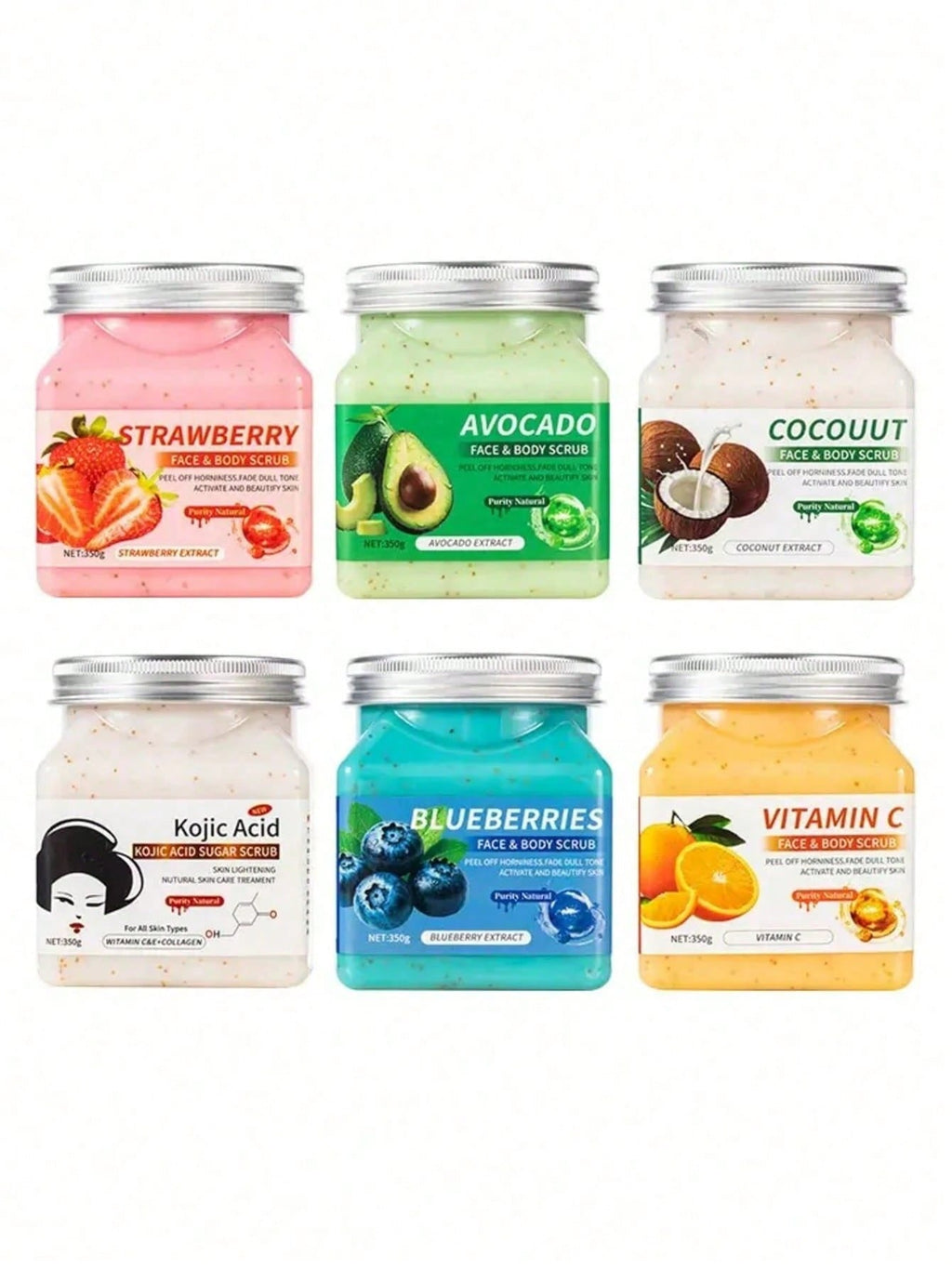 Purity Natural Face & Body Scrub | Rose, Strawberry, Avocado, Coconut, Kojic Acid, Blueberry & Vitamin C | 350g / 12.35 oz
