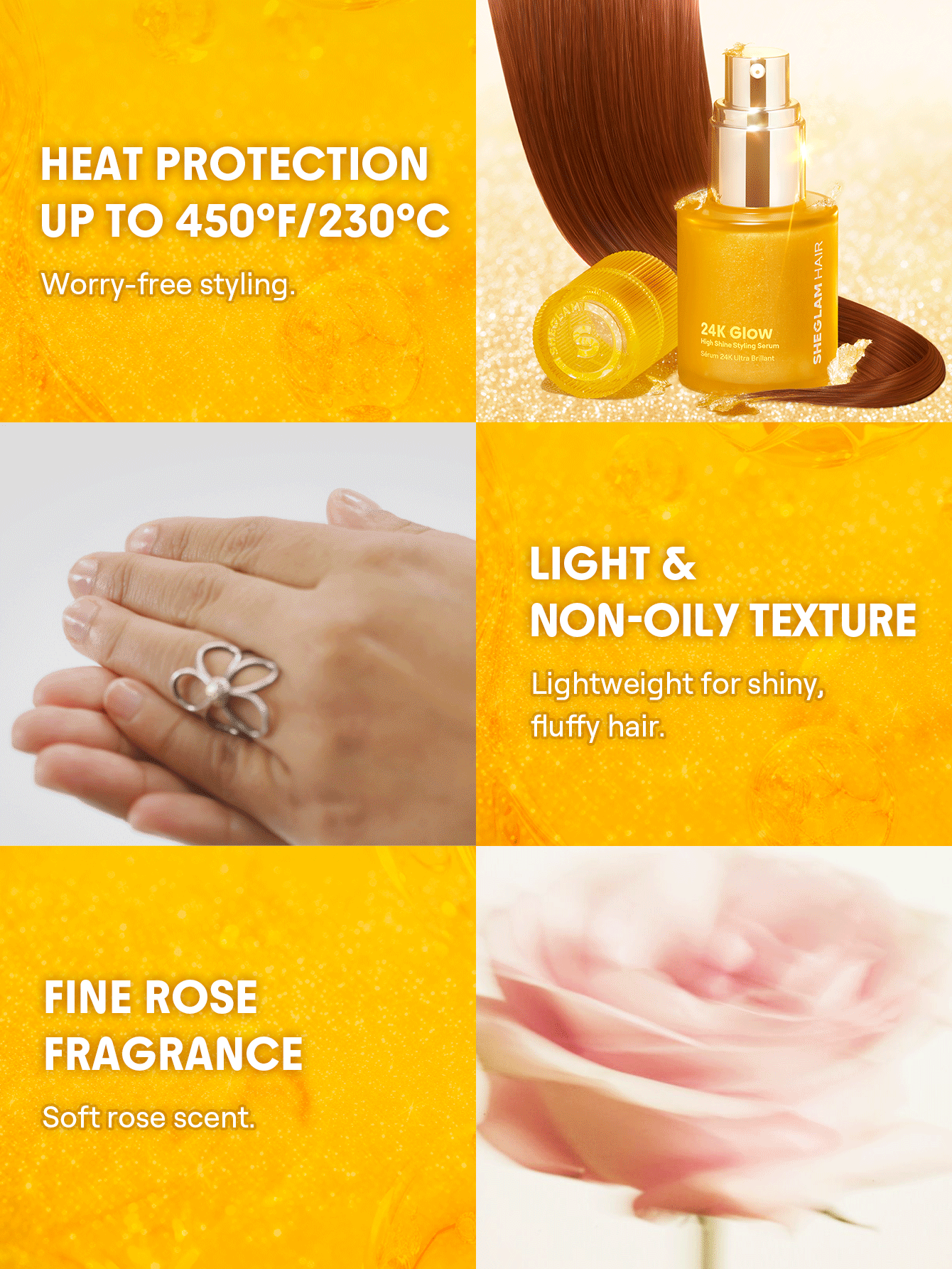 SHEGLAM 24K Glow High Shine Styling Serum — 10-in-1 Hair Serum | Almond Oil & Macadamia Oil