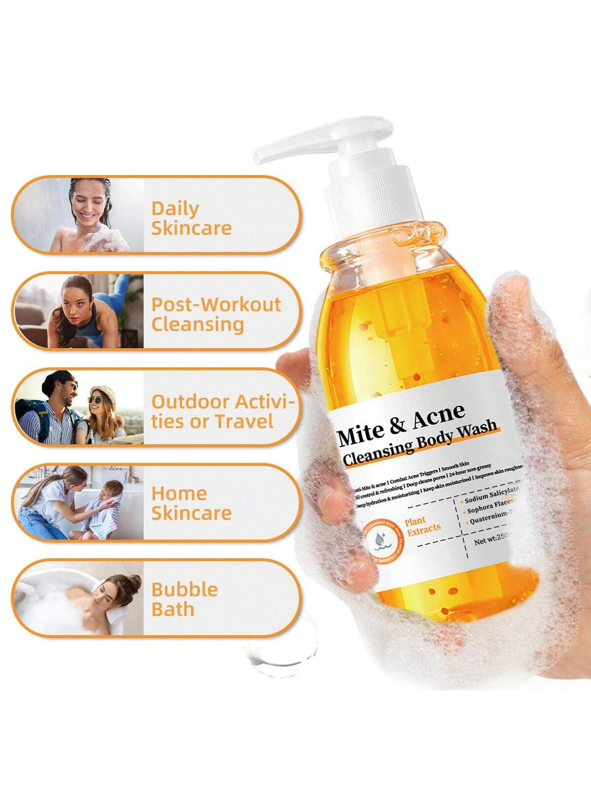 Mite & Acne Cleansing Body Wash | Sodium Salicylate, Sophora Flavescens & Quaternium-73 | Plant Extracts | 250ml / 8.79 fl oz