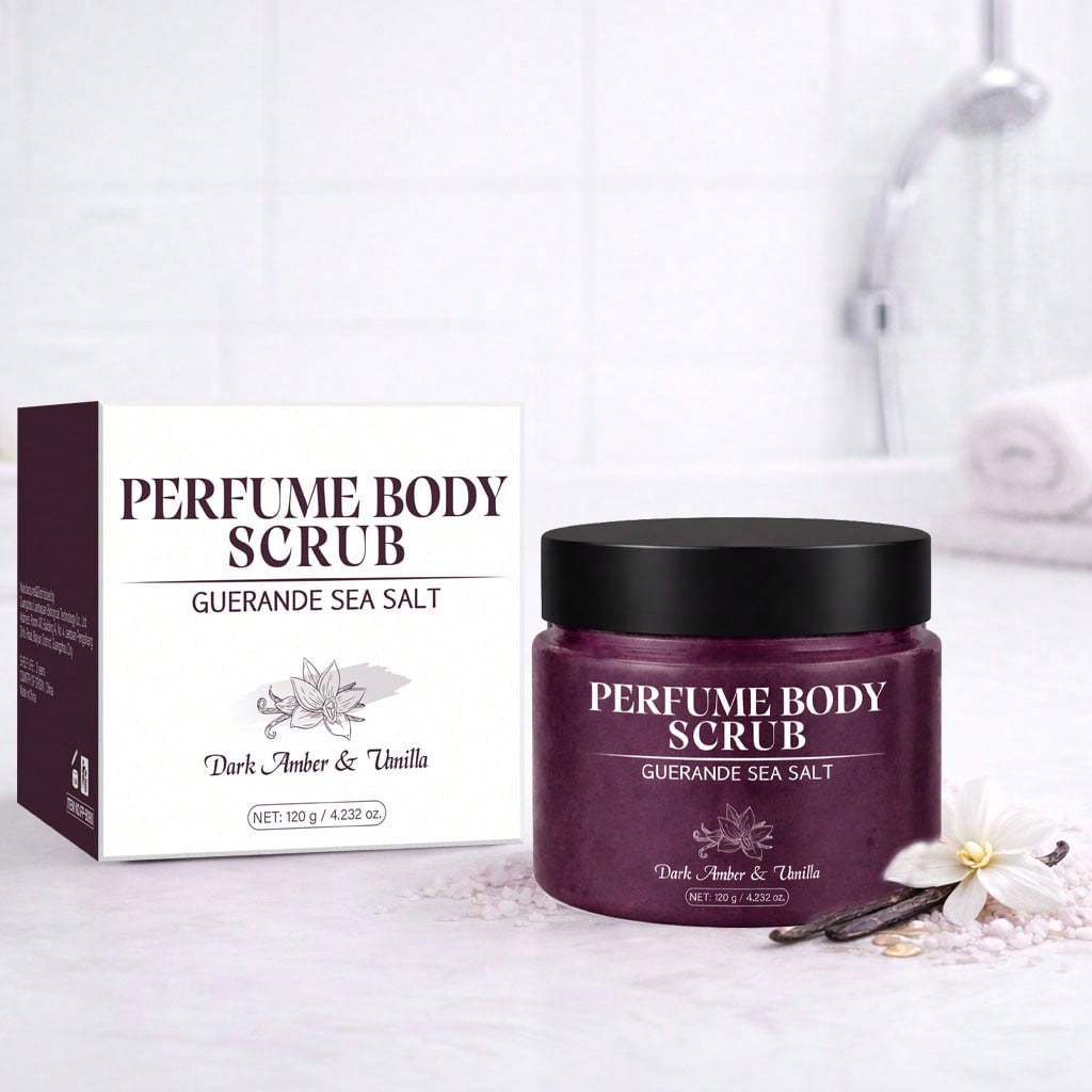 Perfume Body Scrub | Guerande Sea Salt | Dark Amber & Vanilla | Lightweight Texture, Refreshes & Polishes Skin | 120g / 4.232 oz