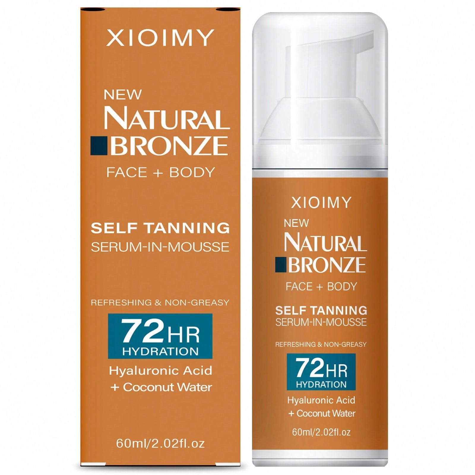 Xioimy Natural Bronze Self Tanning Serum-in-Mousse | Face + Body | 72HR Hydration | Hyaluronic Acid & Coconut Water | 60ml / 2.02 fl oz