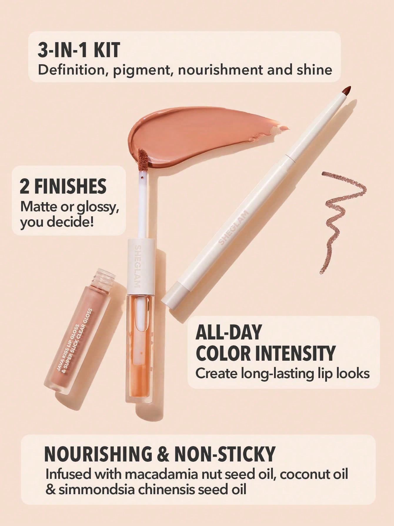 SHEGLAM Java Kiss Lip Gloss & Super Slick Clear Gloss 3-in-1 Lip Kit — 3 Shades