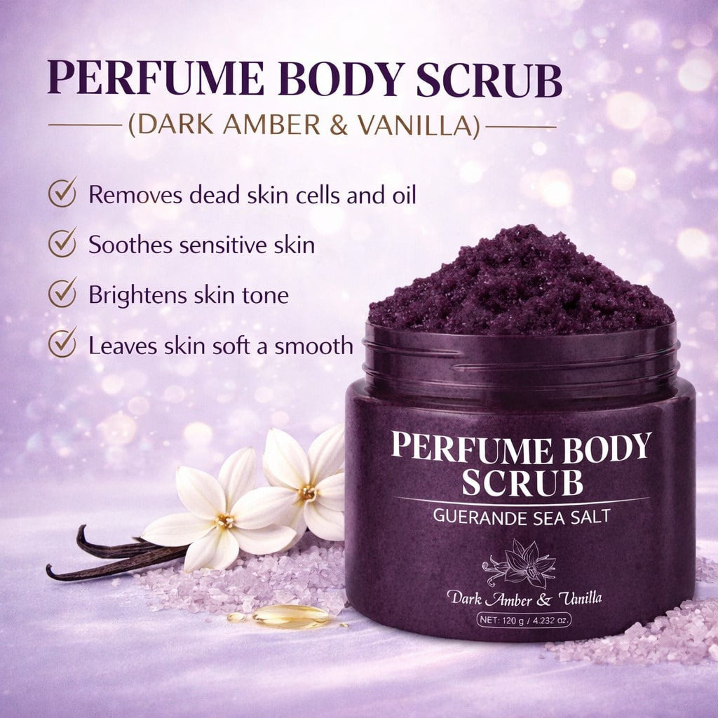 Perfume Body Scrub | Guerande Sea Salt | Dark Amber & Vanilla | Lightweight Texture, Refreshes & Polishes Skin | 120g / 4.232 oz
