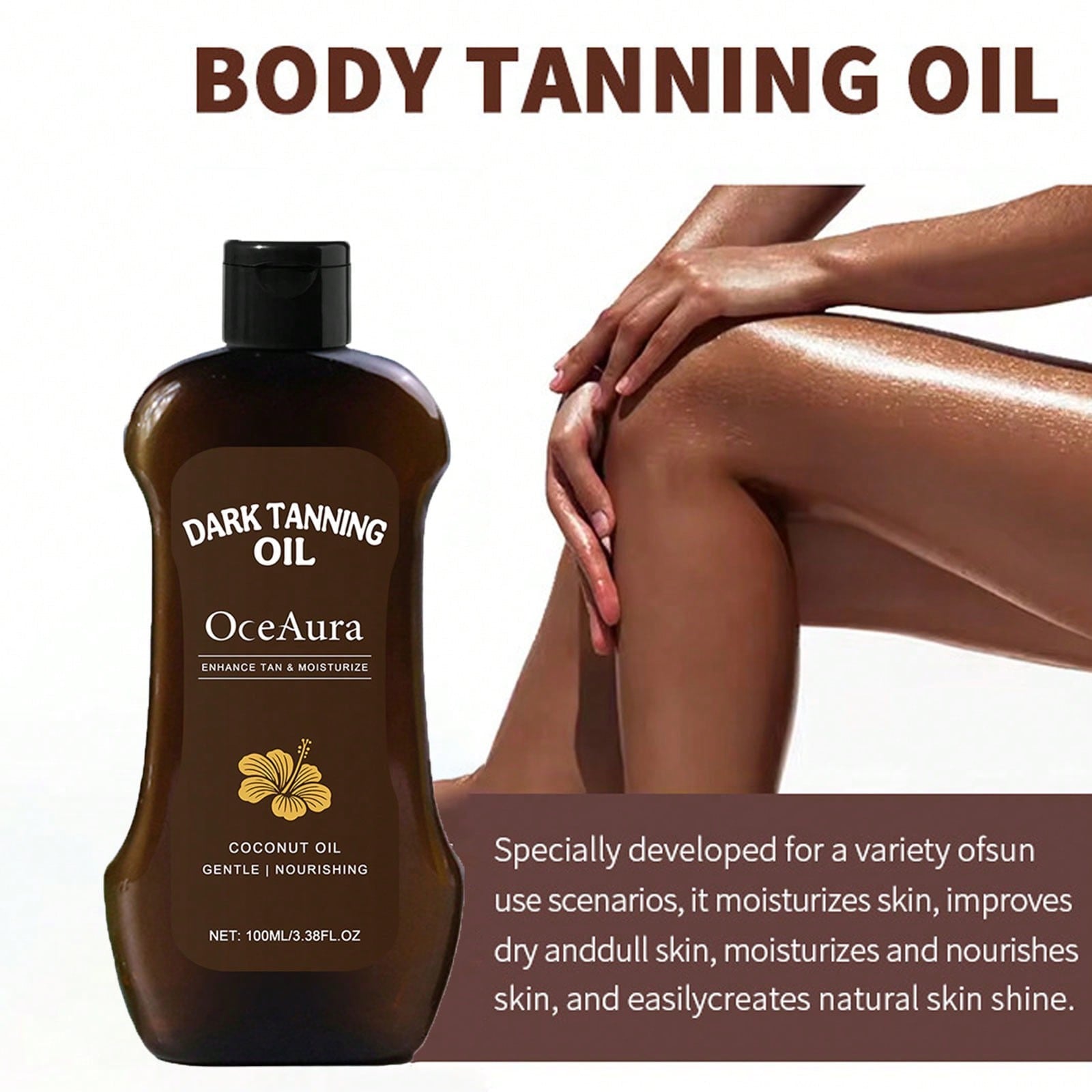 OceAura Dark Tanning Oil | Enhance Tan & Moisturise | Coconut Oil, Gentle & Nourishing | 100ml / 3.38 fl oz