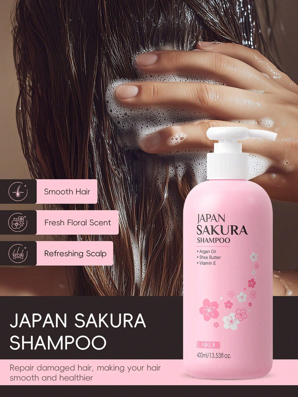 LAIKOU Japan Sakura Shampoo & Conditioner Set — Argan Oil, Shea Butter & Hyaluronic Acid | 400ml / 13.53 fl oz