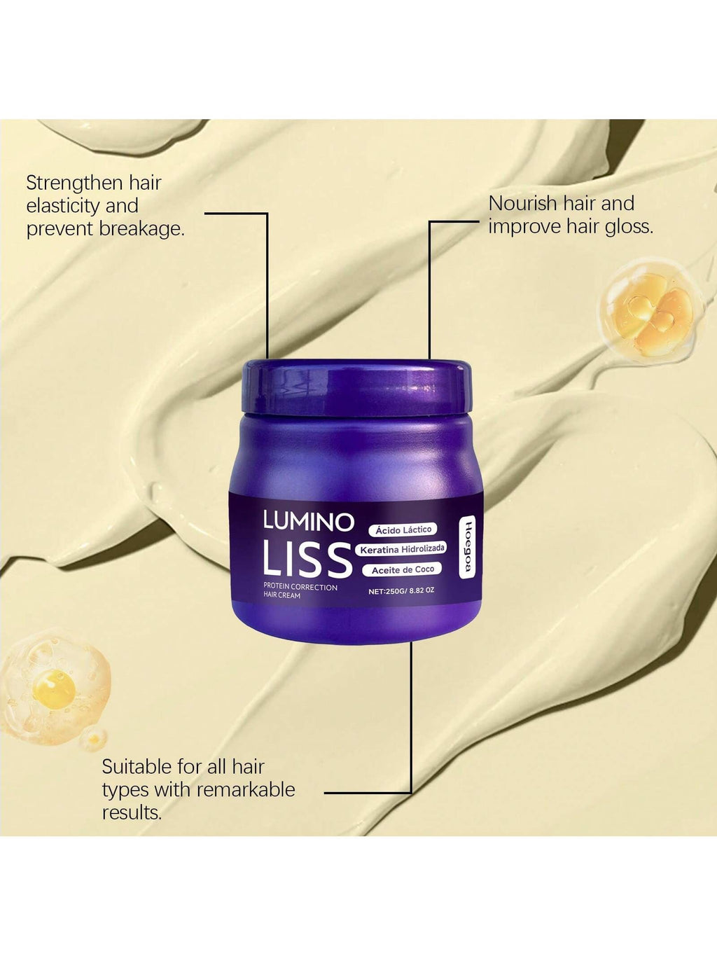 Hoogoa Lumino Liss Protein Correction Hair Cream — Lactic Acid, Hydrolyzed Keratin & Coconut Oil | 250g / 8.82 oz