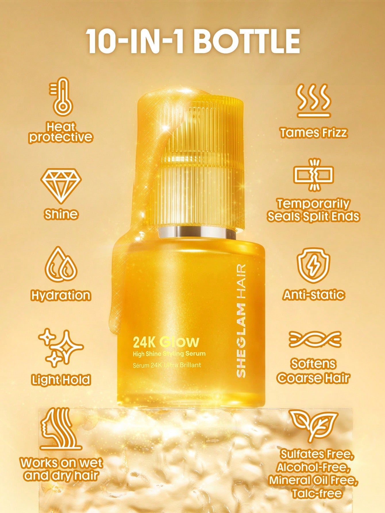 SHEGLAM 24K Glow High Shine Styling Serum — 10-in-1 Hair Serum | Almond Oil & Macadamia Oil