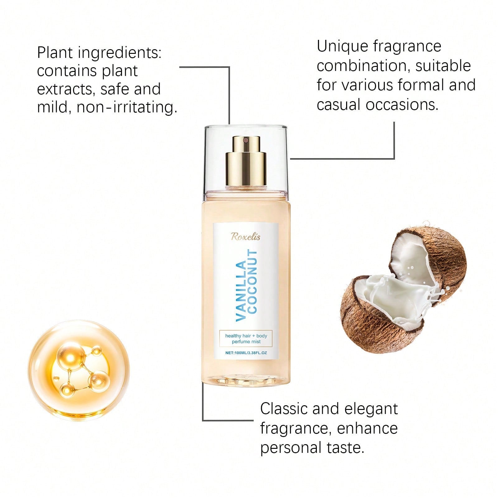 Roxelis Vanilla Coconut Healthy Hair & Body Perfume Mist — 100ml / 3.38 fl oz