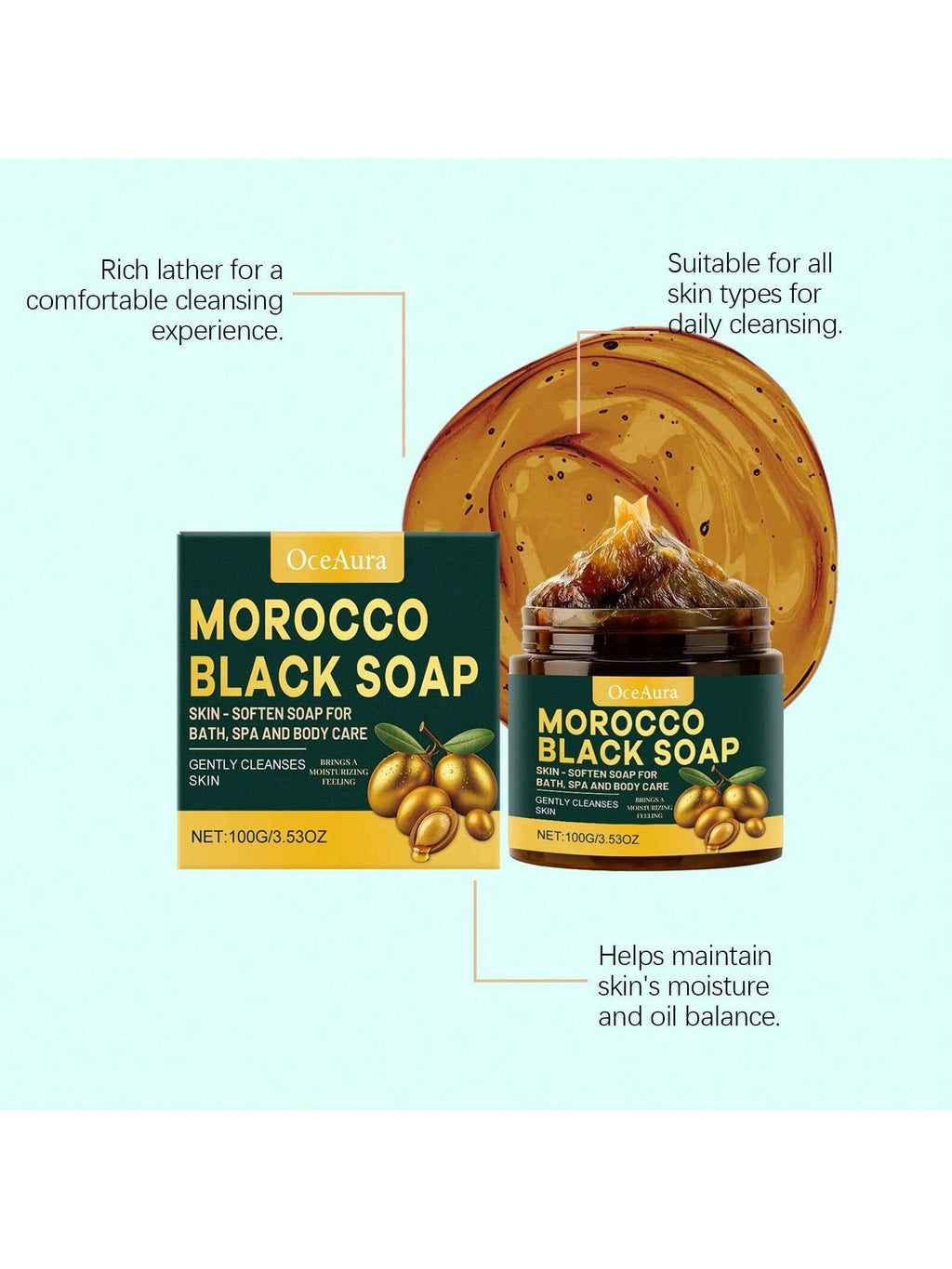 OceAura Morocco Black Soap | Skin-Soften Soap for Bath, Spa & Body Care | 100g / 3.53 oz