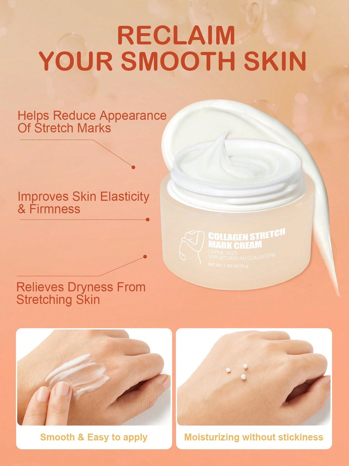 Collagen Stretch Mark Cream | Reclaim Your Smooth Skin | Formulated with Collagen | Alcohol-Free, Fragrance-Free, Dye-Free & Mineral Oil-Free | 1.05 oz / 30g