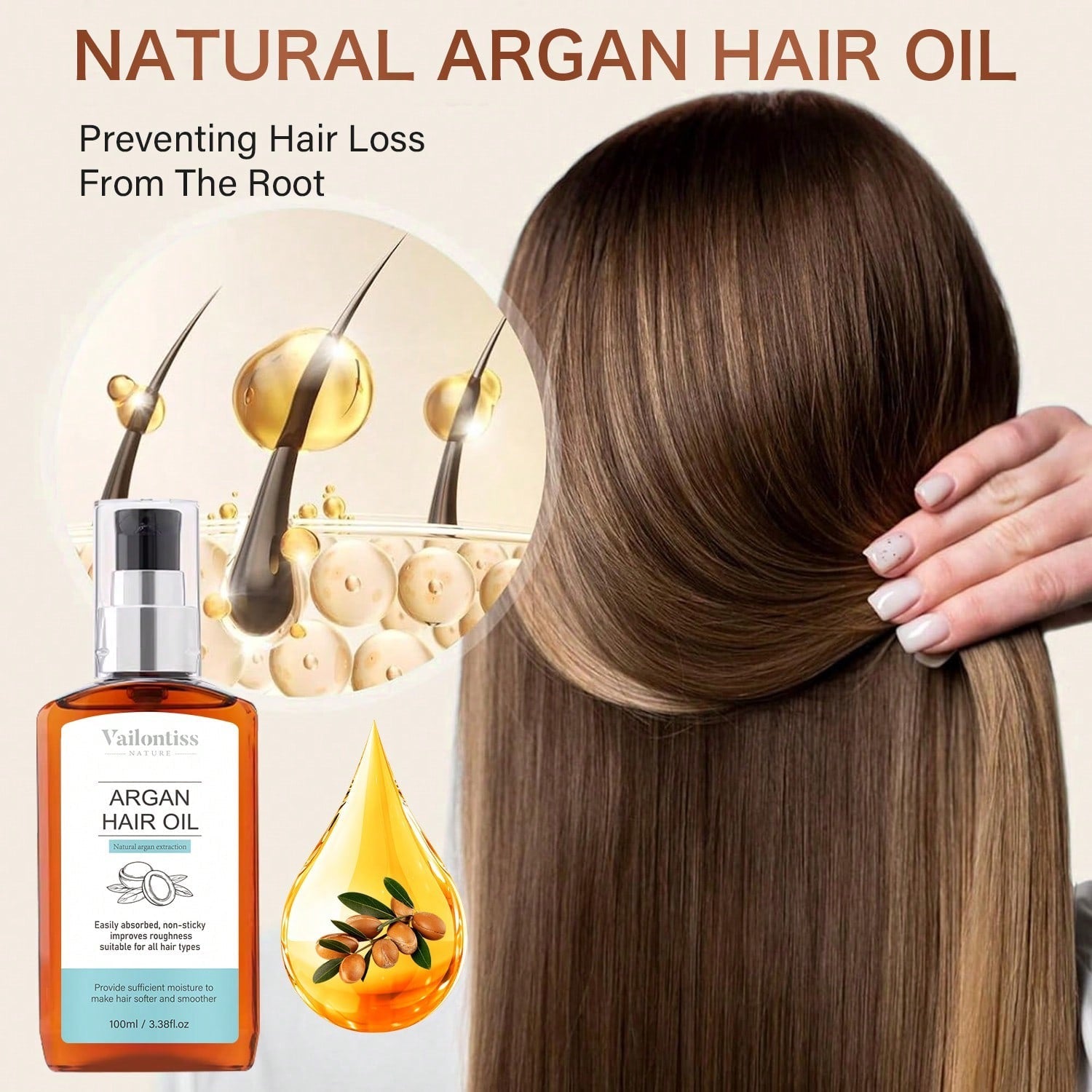 Vailontiss Nature Argan Hair Oil — Natural Argan Extraction | 100ml / 3.38 fl oz