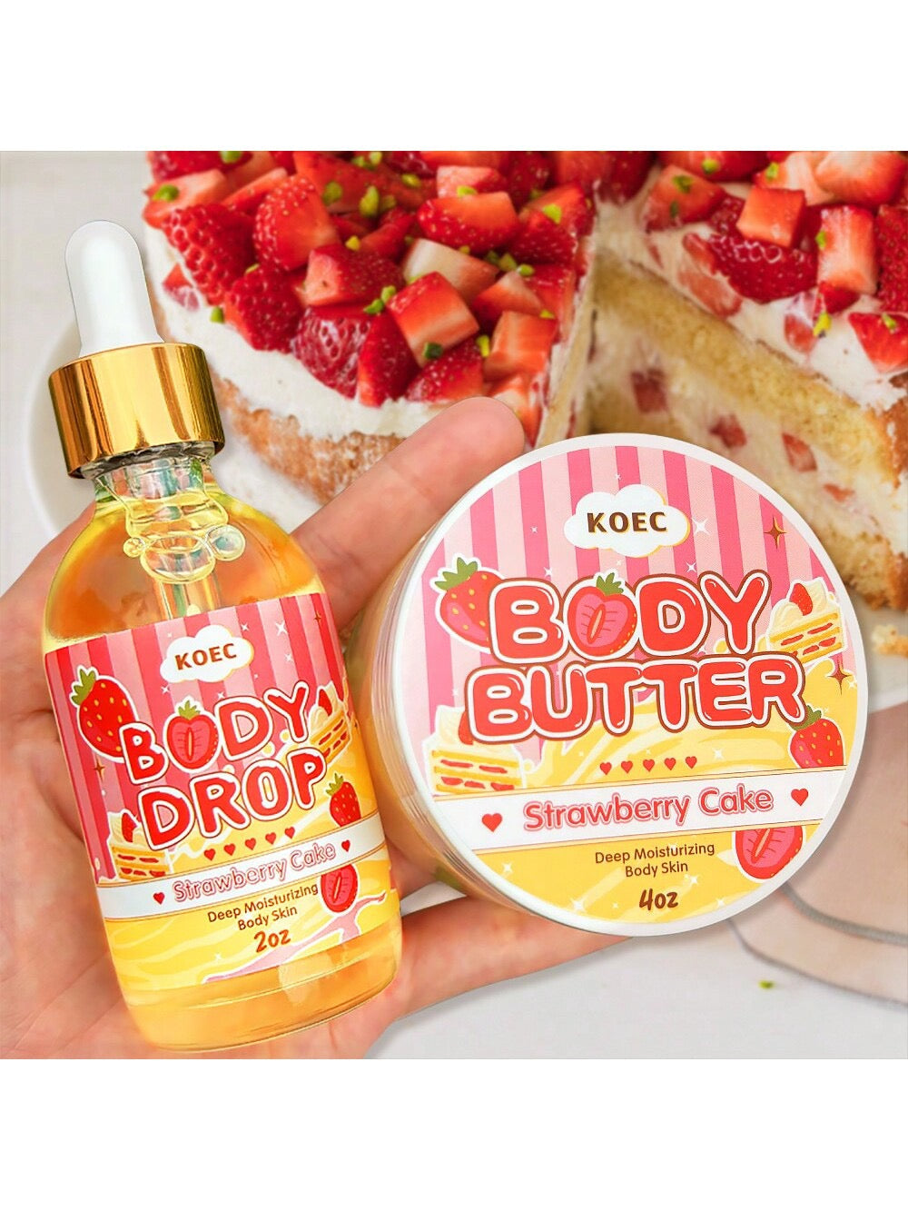 KOEC Strawberry Cake Body Drop & Body Butter Set | Deep Moisturising Body Skin | 2oz Body Drop / 4oz Body Butter