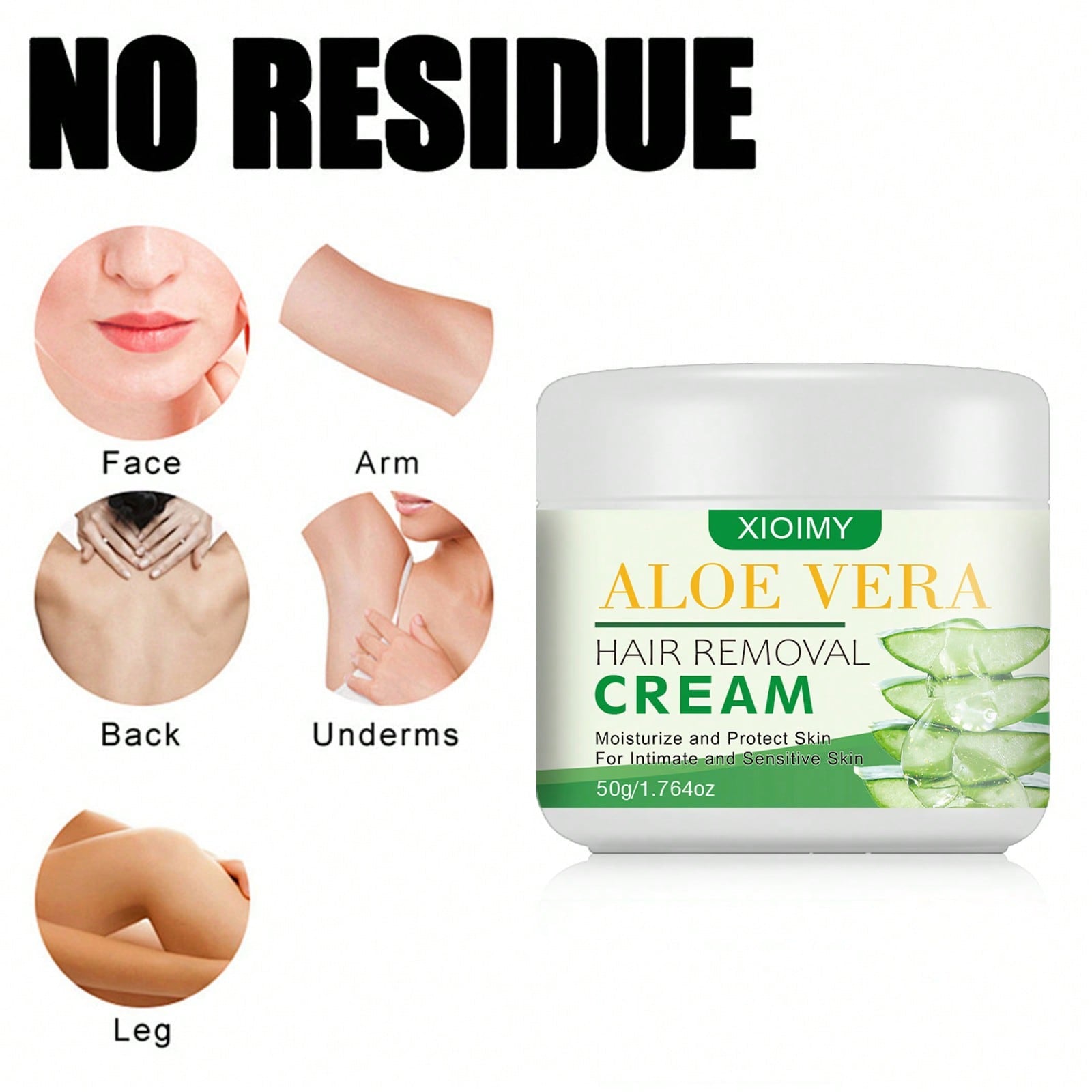 Xioimy Aloe Vera Hair Removal Cream | Moisturize and Protect Skin | For Intimate and Sensitive Skin | 50g / 1.764 oz