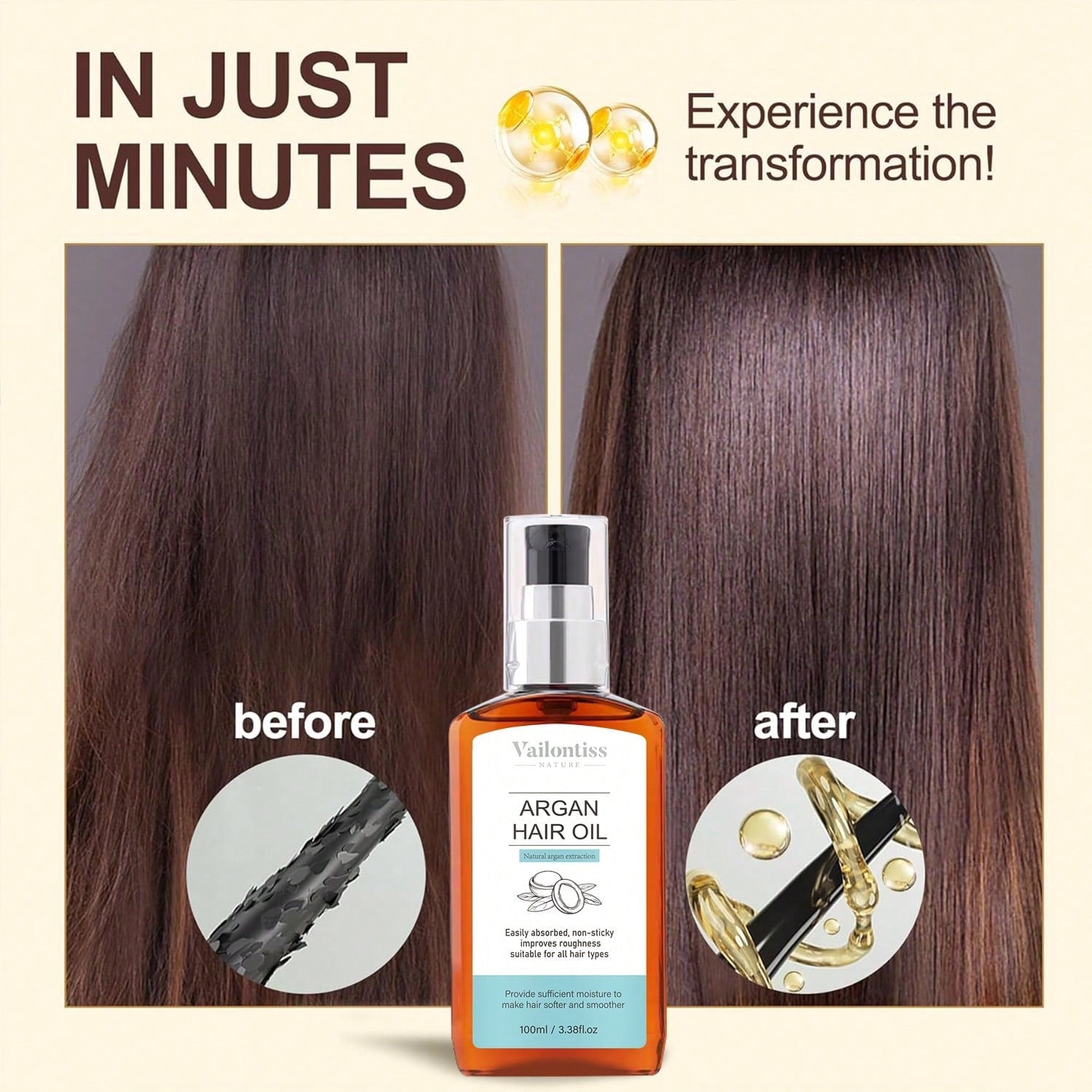 Vailontiss Nature Argan Hair Oil — Natural Argan Extraction | 100ml / 3.38 fl oz